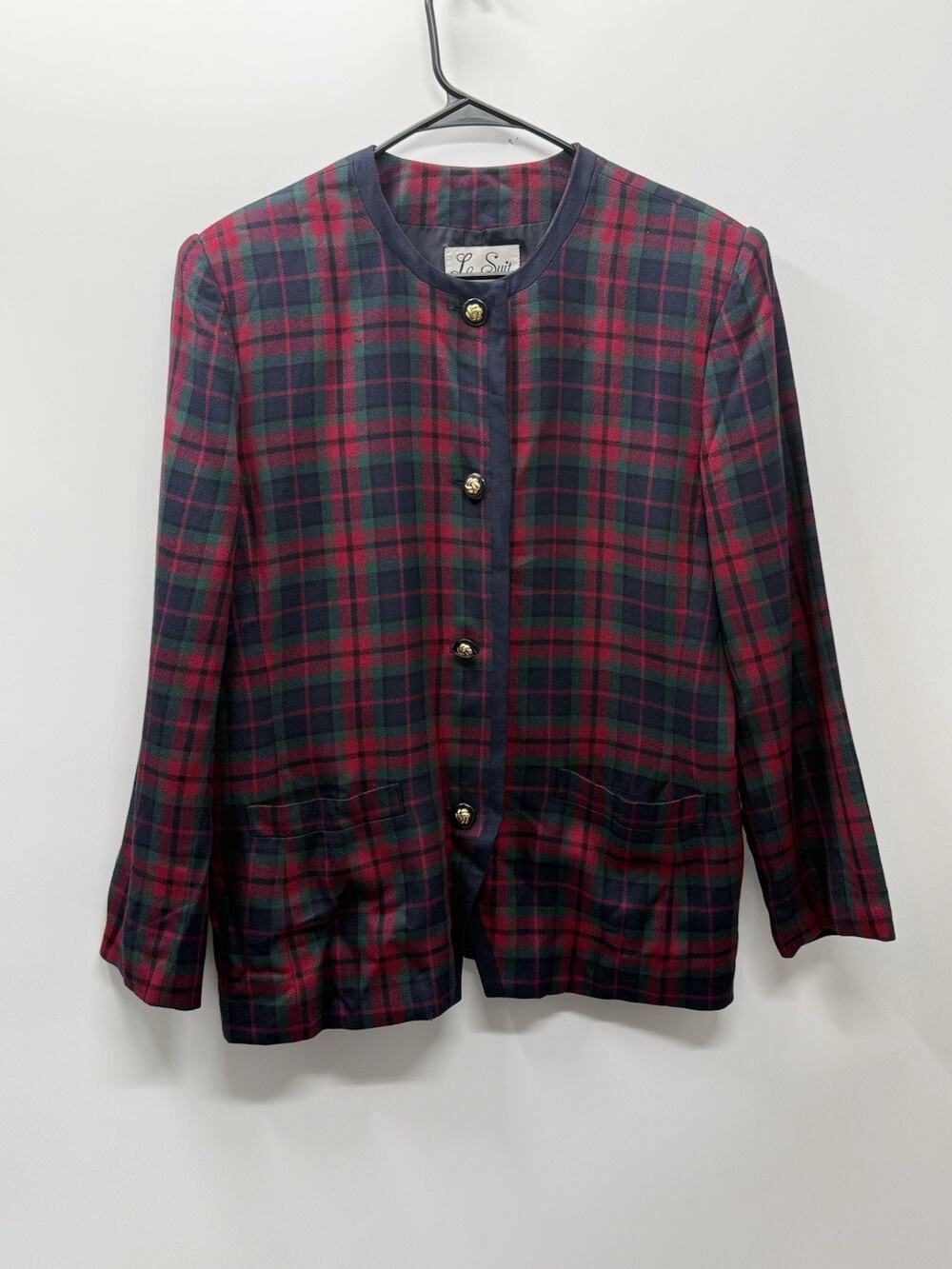 Le Suit 100% Rayon Plaid Blazer Jacket Womens 18 Red Green Tartan Gold Button